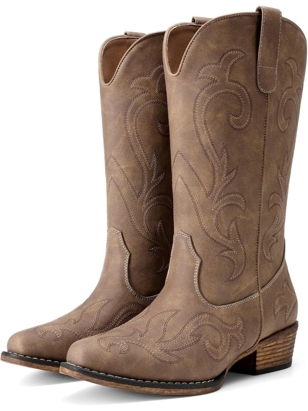 DREAM PAIRS Womens Camel Square Toe Stitched Western Cowgirl Mid Calf Boot Shoes